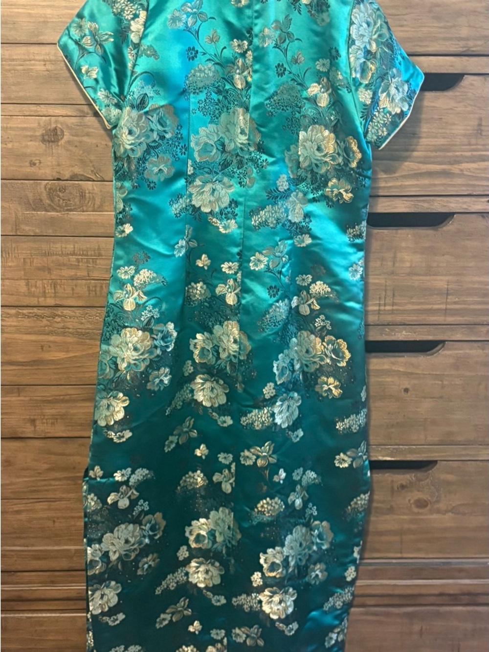 Handmade Teal Brocade Cheongsam Dress | Size 6 | 52” L | Mandarin Collar Formal - Picture 7 of 9